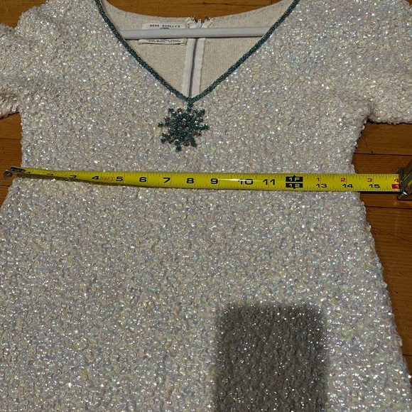 Vintage Gene Shelly’s Boutique White Sequin Blue Bead Rhinestone Mini Dress - Picture 14 of 15